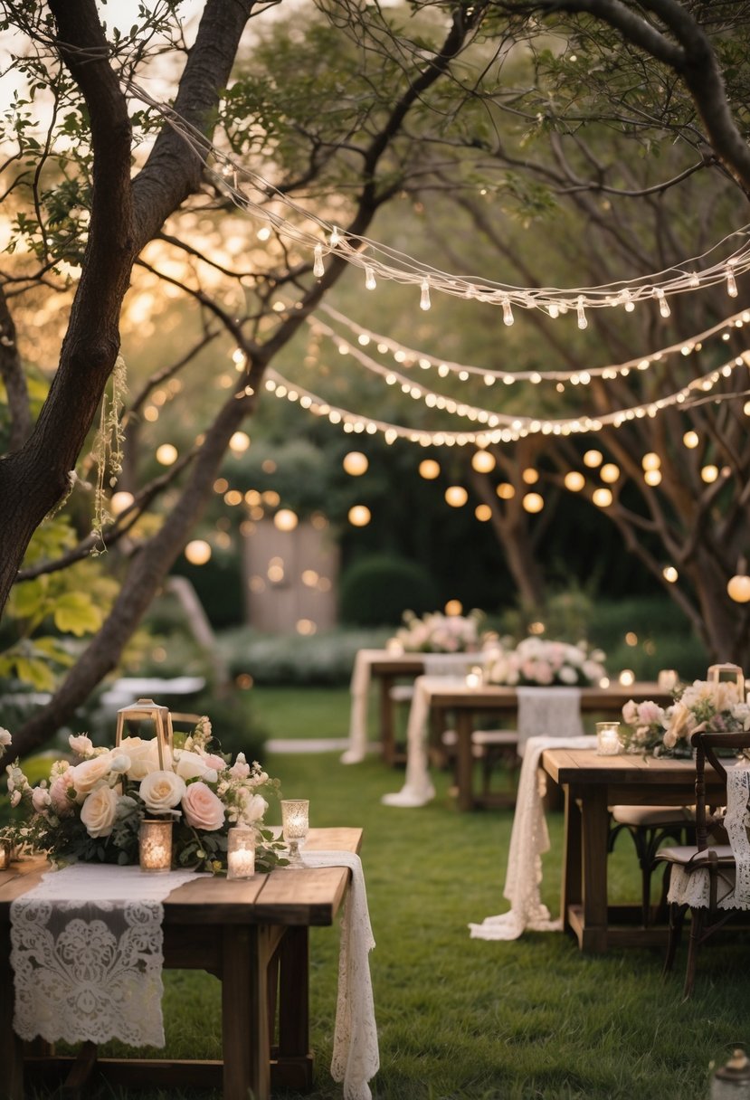String fairy lights woven through tree branches above a decorated garden party setup with flowers and greenery.