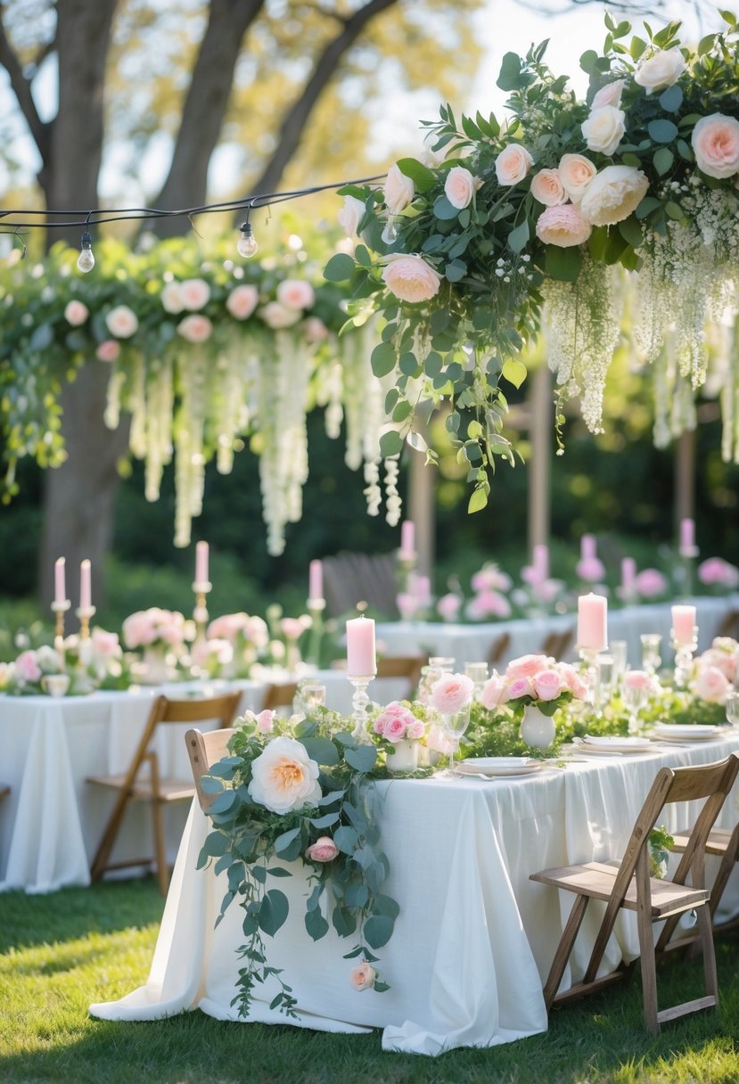 Outdoor garden party tables decorated with floral garlands and pastel-colored candles for a bridal shower.