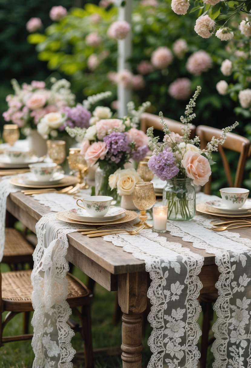 Outdoor garden party table with vintage lace runners, floral arrangements, fine china, and candles set among green plants.