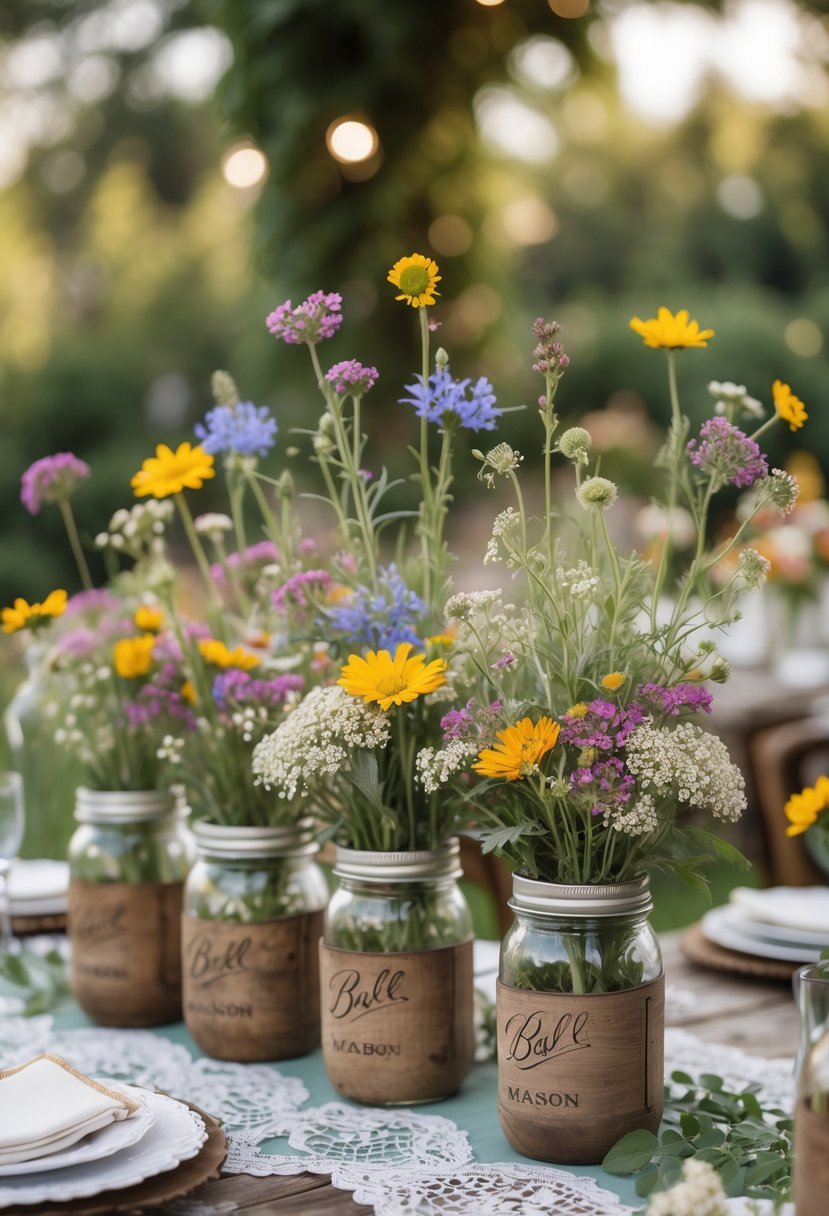 Mason jars filled with wildflowers arranged on a garden table for a bridal shower.