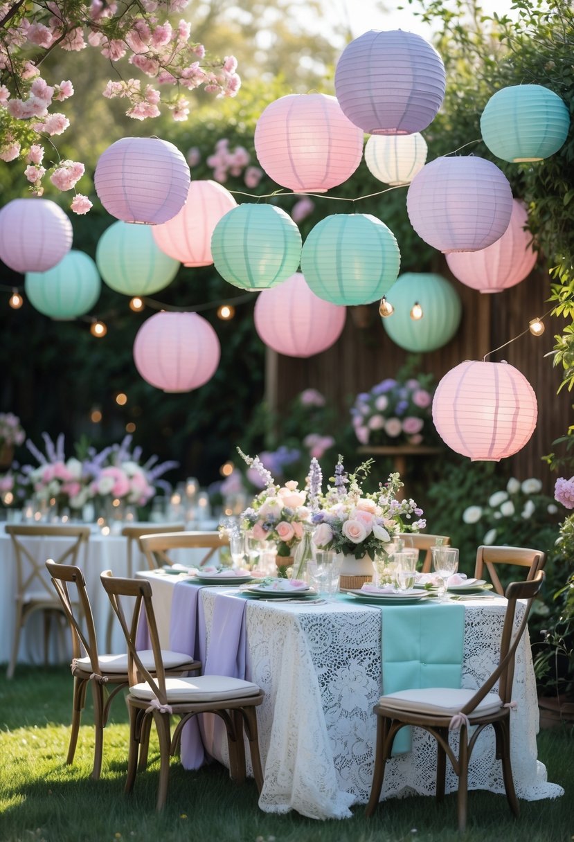 Outdoor garden party decorated with pastel-colored paper lanterns and floral arrangements for a bridal shower.