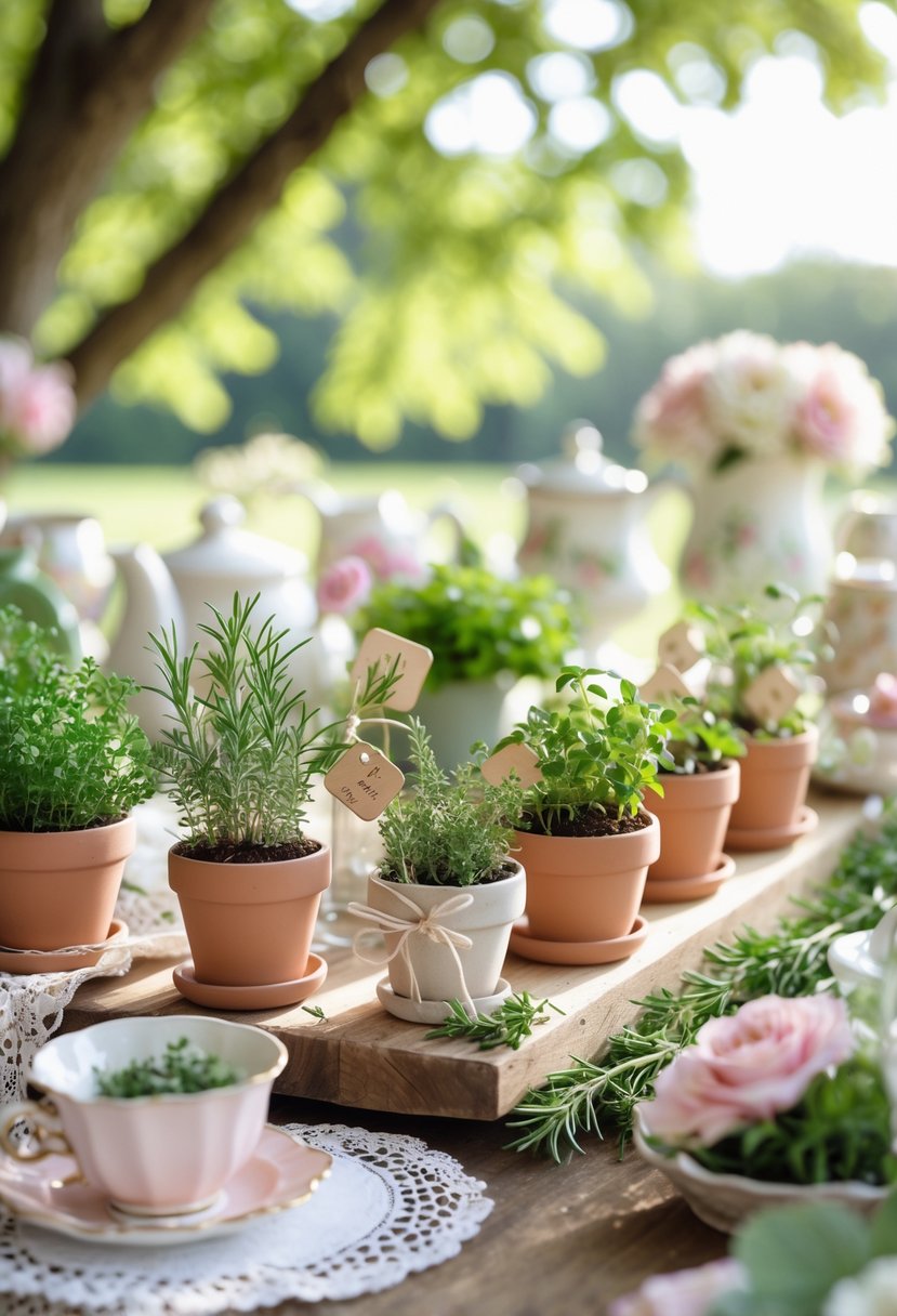 Mini herb pots arranged on a wooden table as guest favors at an outdoor bridal shower with soft pastel decorations and greenery in the background.
