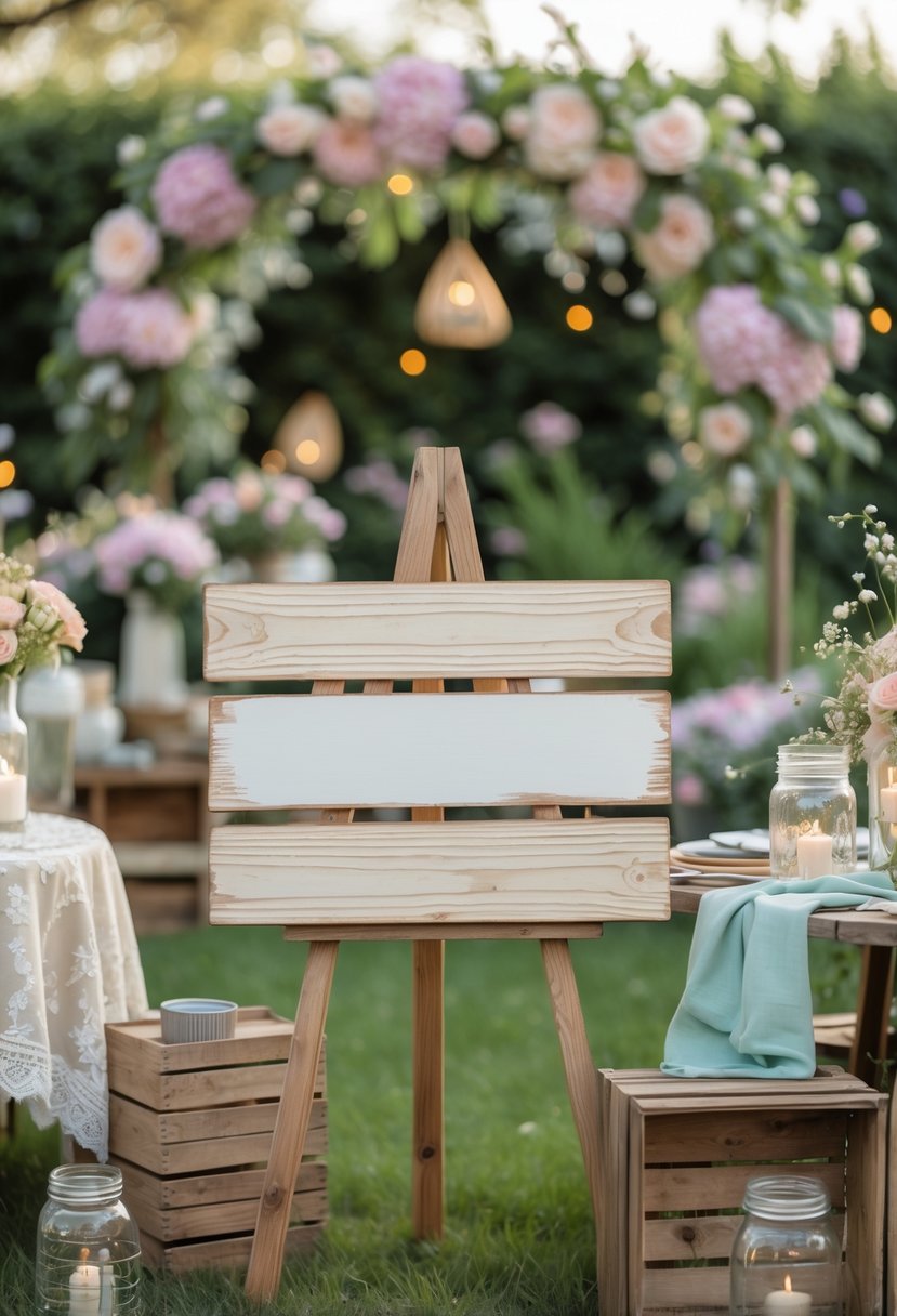 A rustic wooden sign surrounded by pastel flowers, greenery, and bridal shower decorations in a garden setting.
