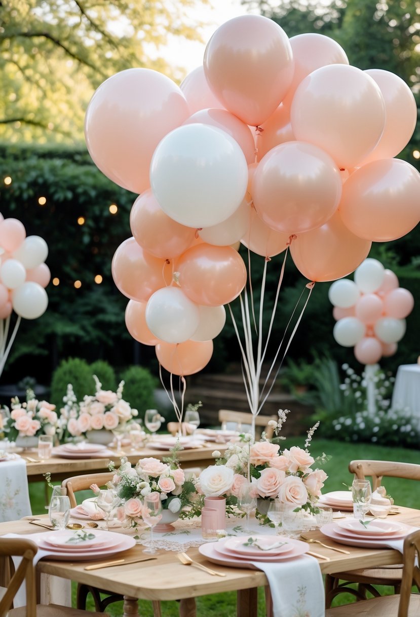 Outdoor garden party setup with blush pink and white balloon clusters and a decorated table surrounded by greenery.