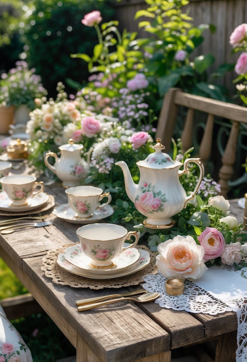 A porcelain tea set with cups, teapot, and flowers arranged on a garden table set for a bridal shower.