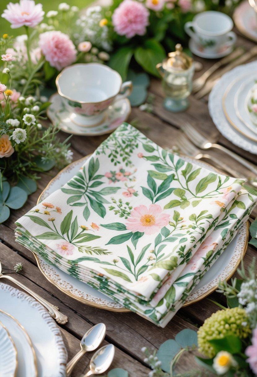 A table set with botanical print napkins, fresh flowers, teacups, and garden party decor arranged for a bridal shower.