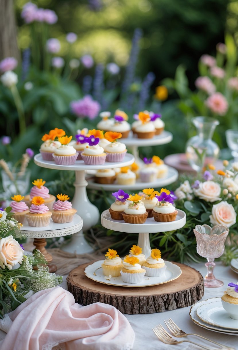 A table outdoors with various desserts topped with colorful edible flowers, surrounded by floral decorations and garden greenery.