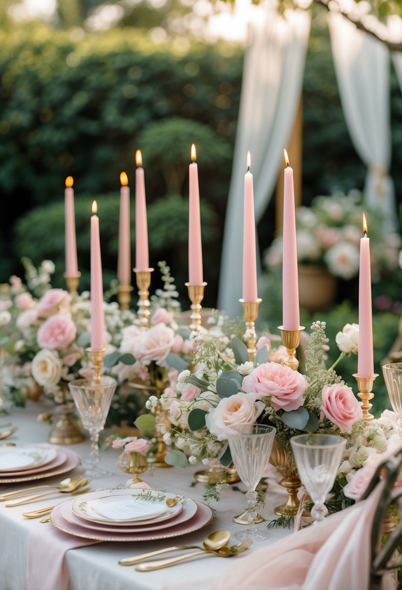 A garden party bridal shower table decorated with light pink and gold tapered candles, flowers, and greenery outdoors.