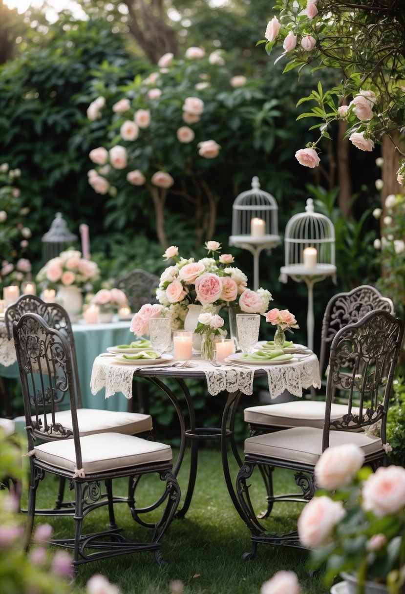Outdoor garden scene with wrought iron chairs around a table decorated for a bridal shower with flowers and candles.
