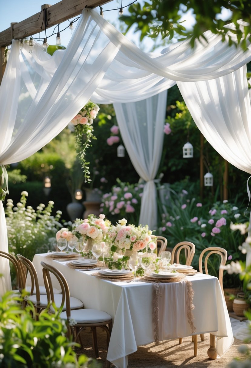 Outdoor dining area with a sheer white canopy and a table set for a garden party surrounded by flowers and greenery.
