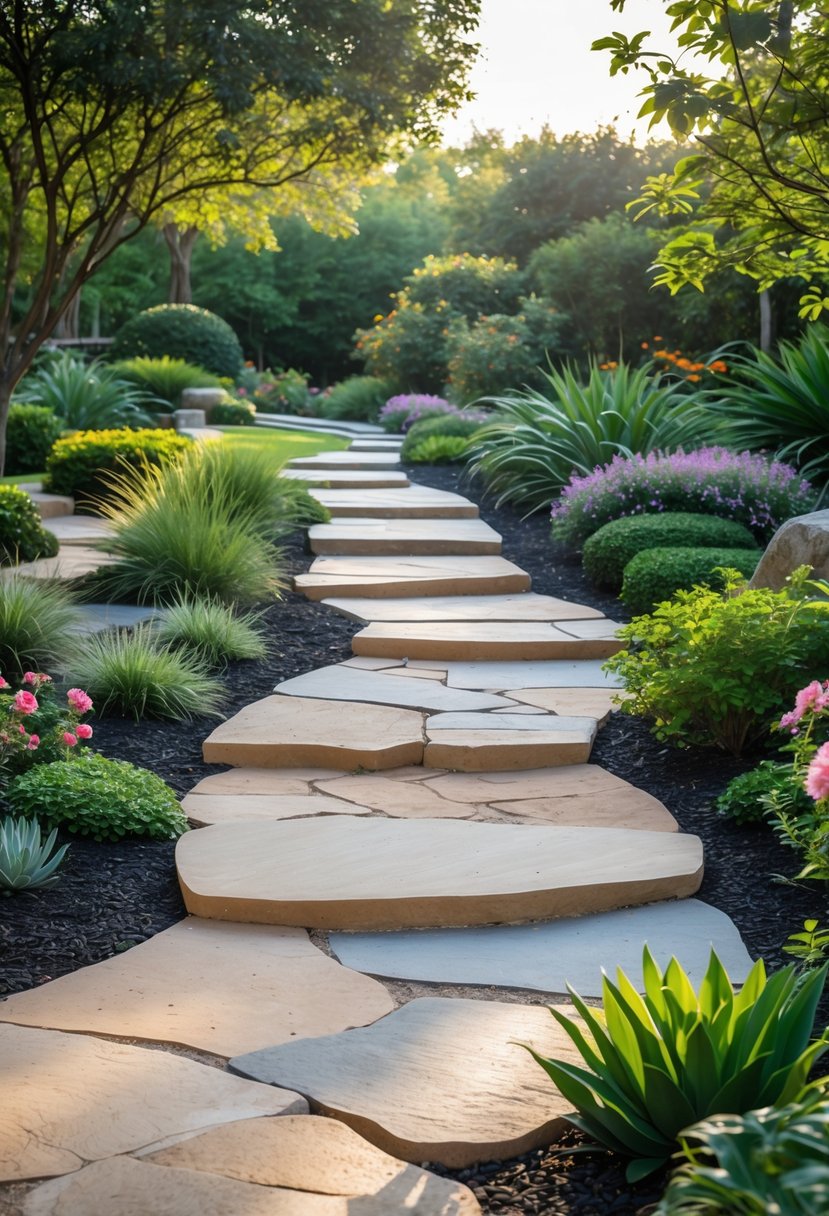 A curved natural stone pathway surrounded by green plants and colorful flowers in a garden.