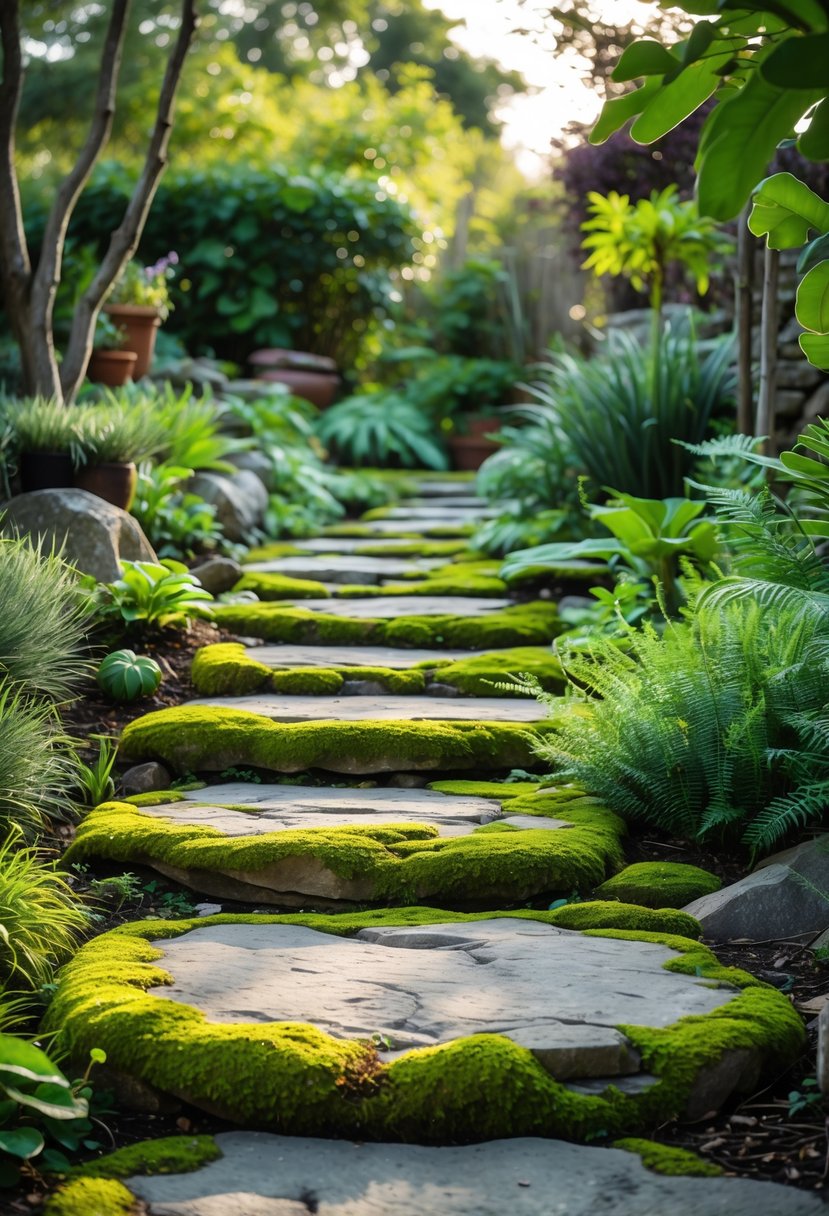 A garden pathway with rustic stone stepping stones covered in green moss surrounded by plants and trees.