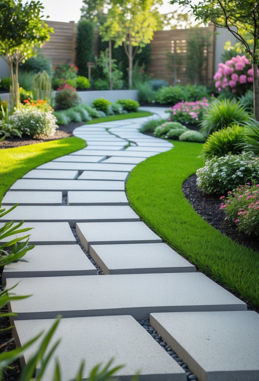 A modern concrete paver walkway surrounded by green grass, flowering plants, and shrubs in a garden.