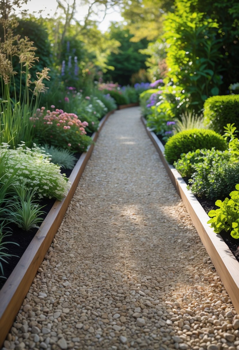 A gravel garden path bordered by green plants and flowers on both sides, surrounded by trees and natural sunlight.