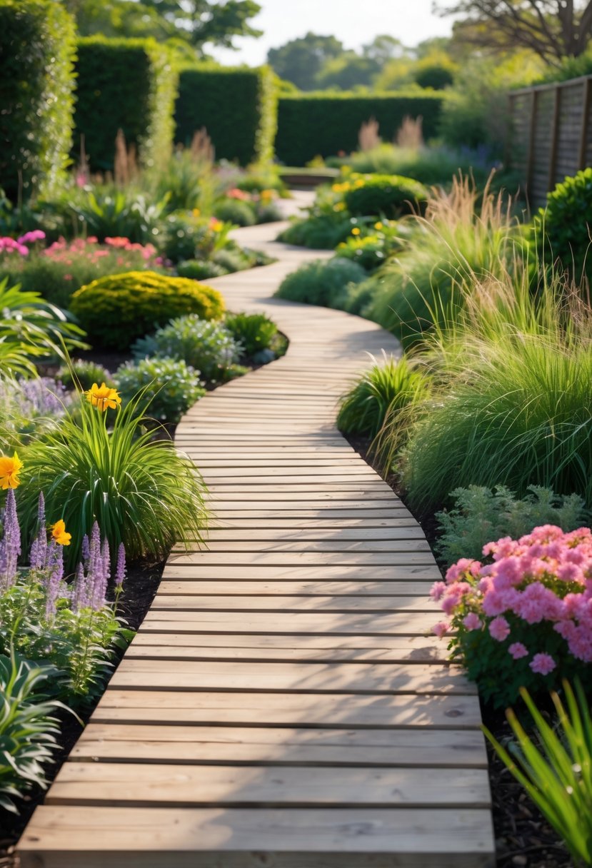 Wooden boardwalk path surrounded by colorful garden beds with flowers and plants.