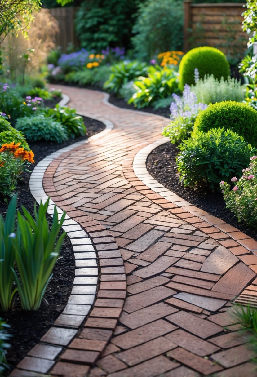 A brick herringbone pattern walkway winding through a green garden with flowers and shrubs.