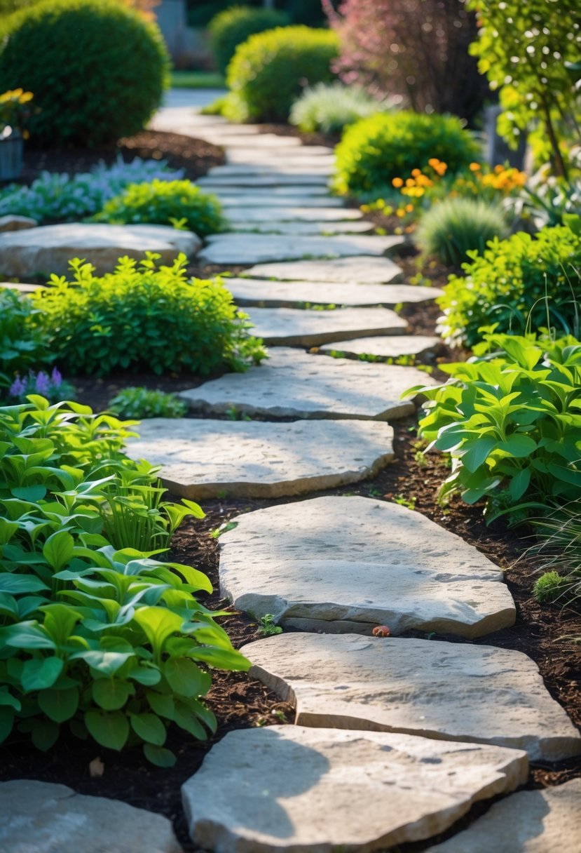 A garden walkway with flagstone path surrounded by green ground cover plants.