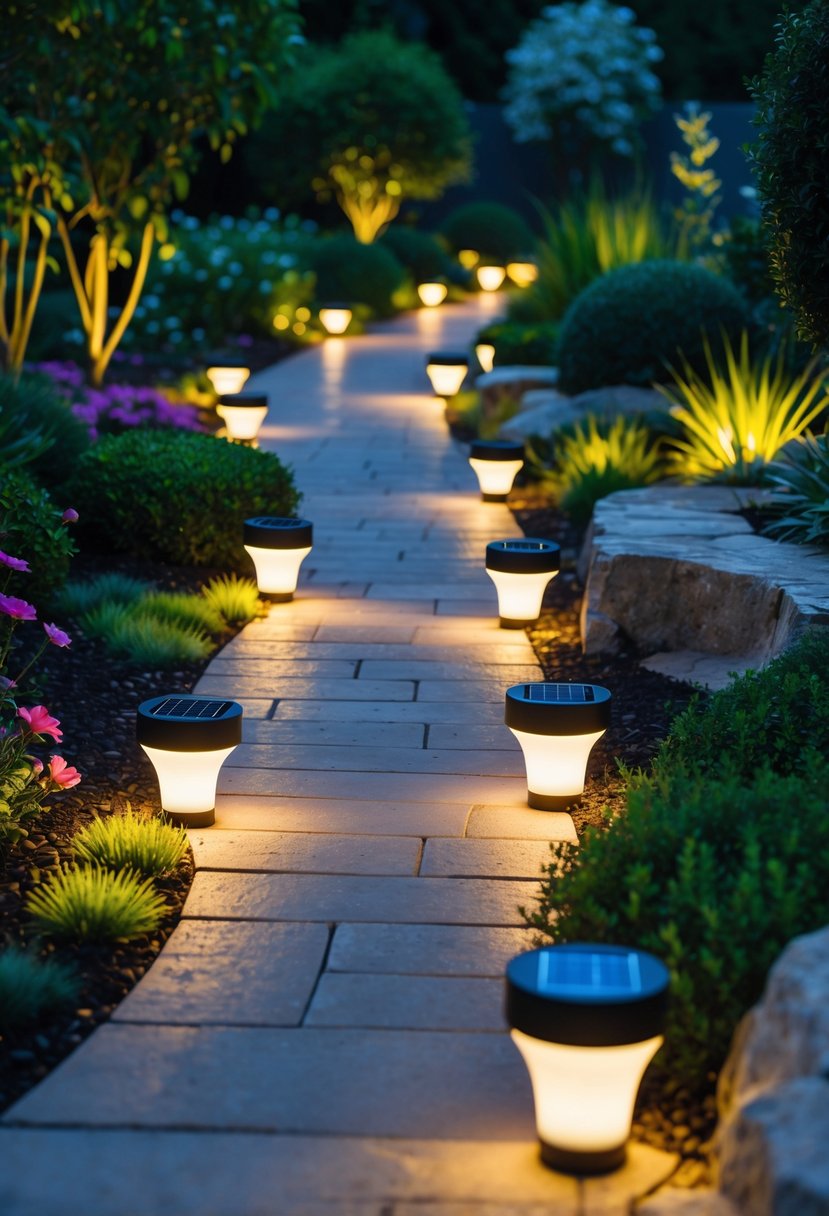 A garden walkway lined with solar-powered path lights surrounded by plants and flowers during early evening.