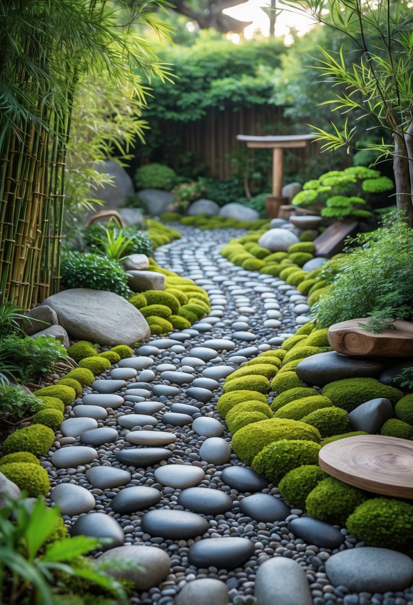 A peaceful zen garden with a winding pebble trail surrounded by green plants and stones.