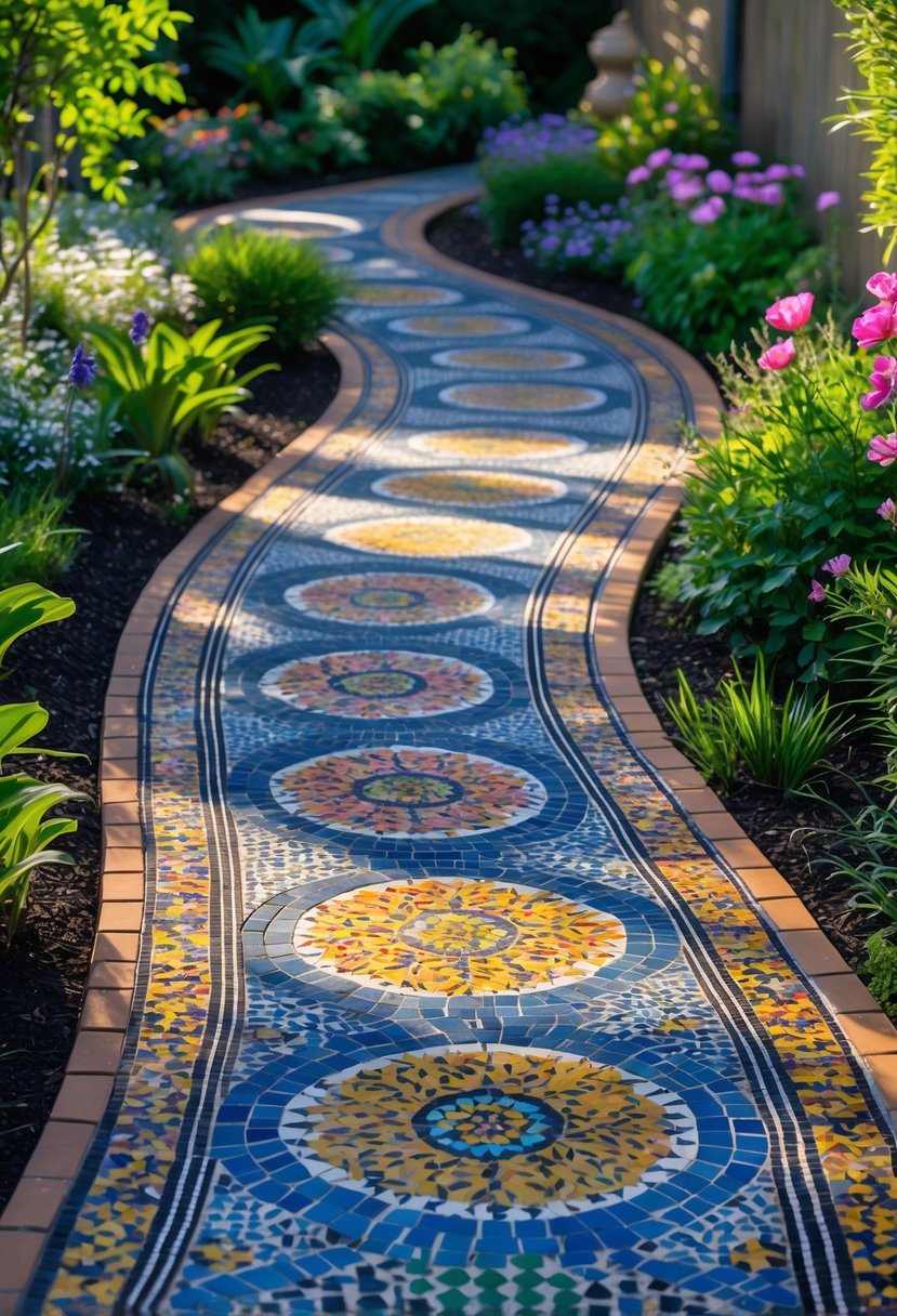 A colorful mosaic tile garden path winding through a green garden with plants and flowers on both sides.