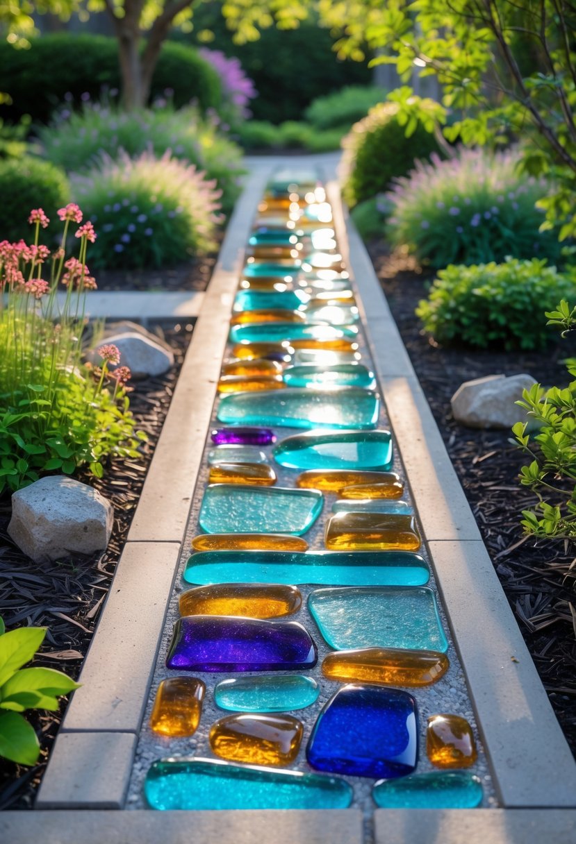 A garden walkway decorated with colorful recycled glass pieces surrounded by green plants and flowers.