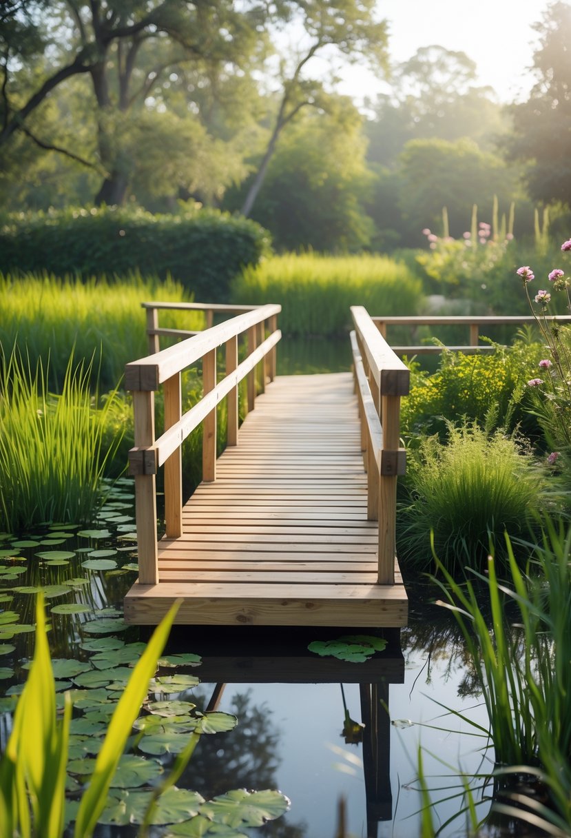 A raised wooden walkway extends over wetland areas surrounded by green plants and marshy vegetation in a garden.