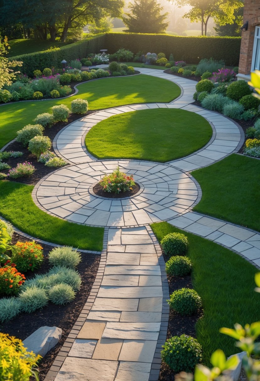 A circular patio with several garden walkways extending outward surrounded by grass, plants, and trees.