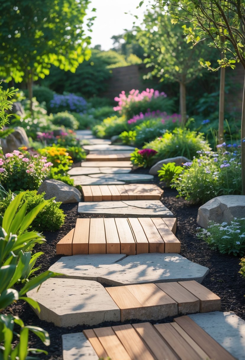 A garden walkway made of mixed stone and wood surrounded by green plants and flowers.
