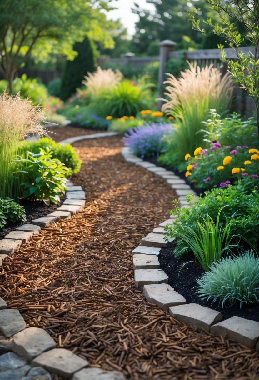 A garden walkway covered with mulch, bordered by green plants and flowers, winding through a peaceful garden space.