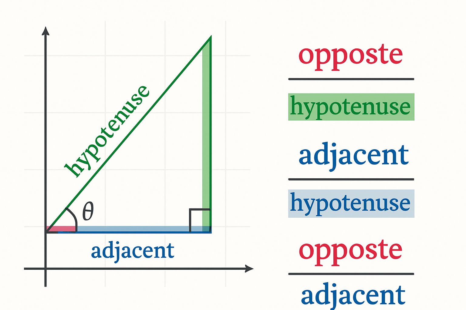Prikaz pravokutnog trokuta s označenim stranicama i kutovima, uz vizualne prikaze osnovnih trigonometrijskih omjera.
