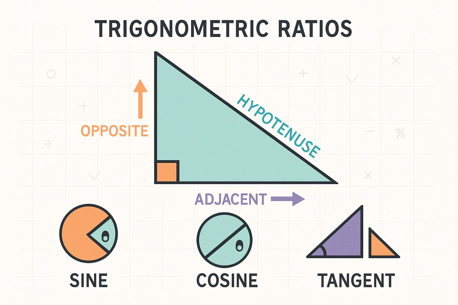 Prikaz pravokutnog trokuta s označenim stranicama i simbolima za sinus, kosinus i tangens.