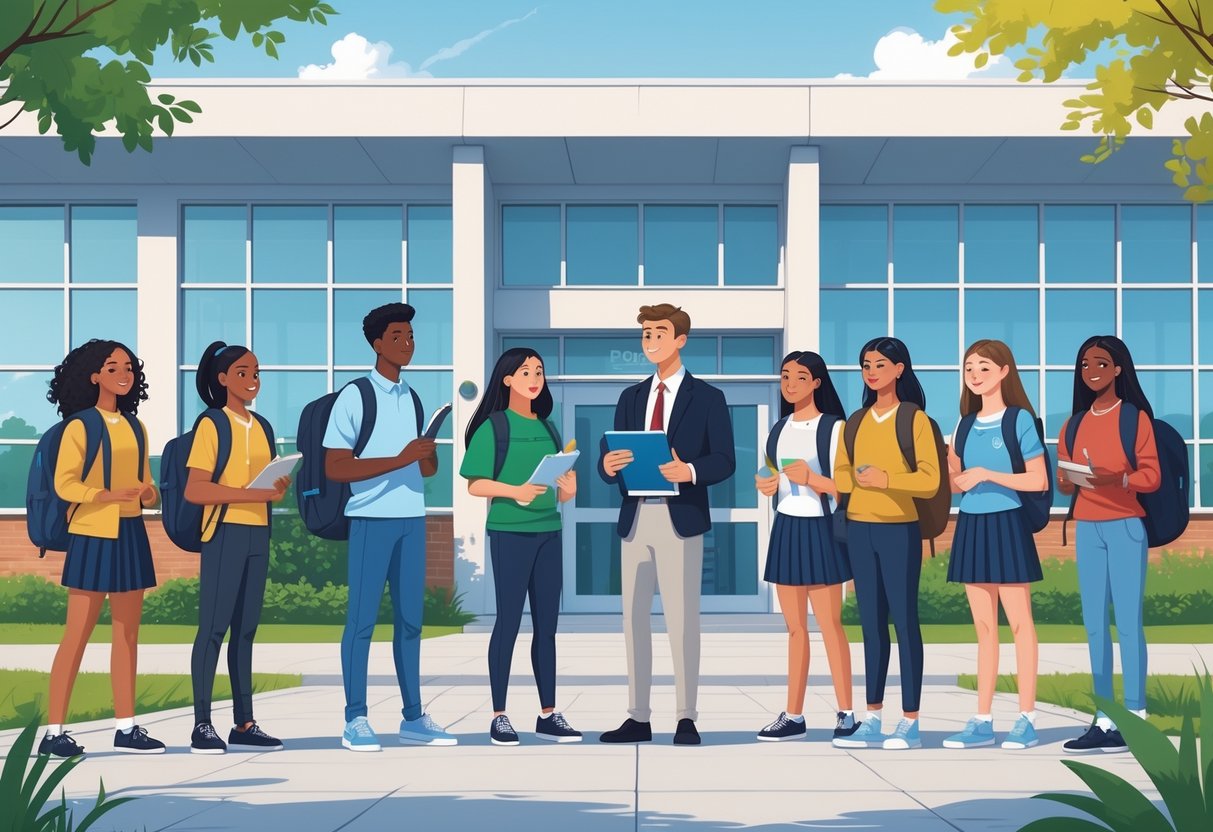 Grupa srednjoškolaca ispred škole dok ih školski savjetnik informira o upisu.