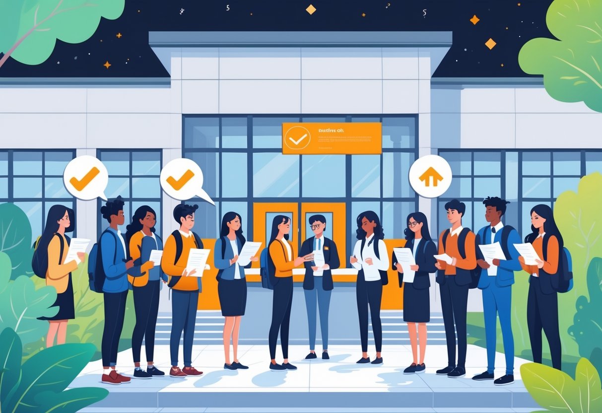 Skupina učenika i nastavnika ispred ulaza u srednju školu, s učenicima koji razgovaraju s administratorom o upisu.