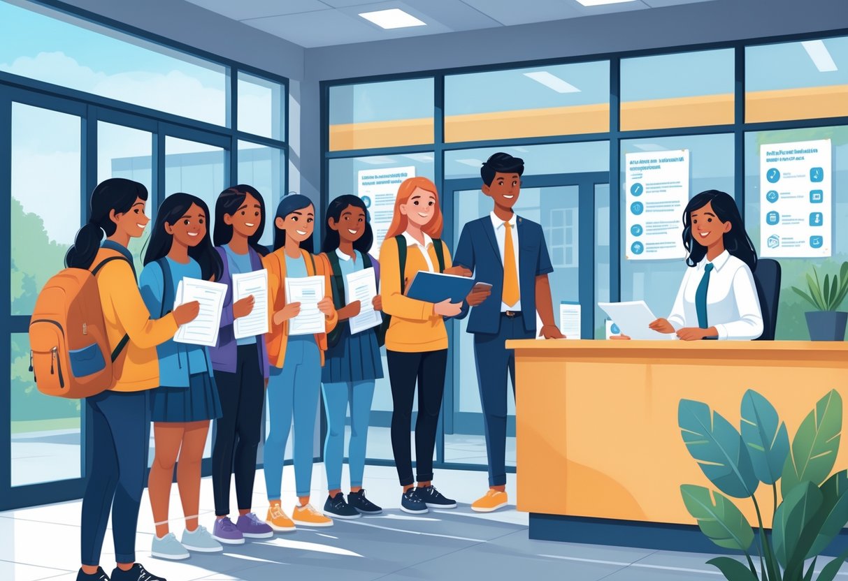 Mladi ljudi pred školom predaju dokumente školskom administratoru za upis u srednju školu.