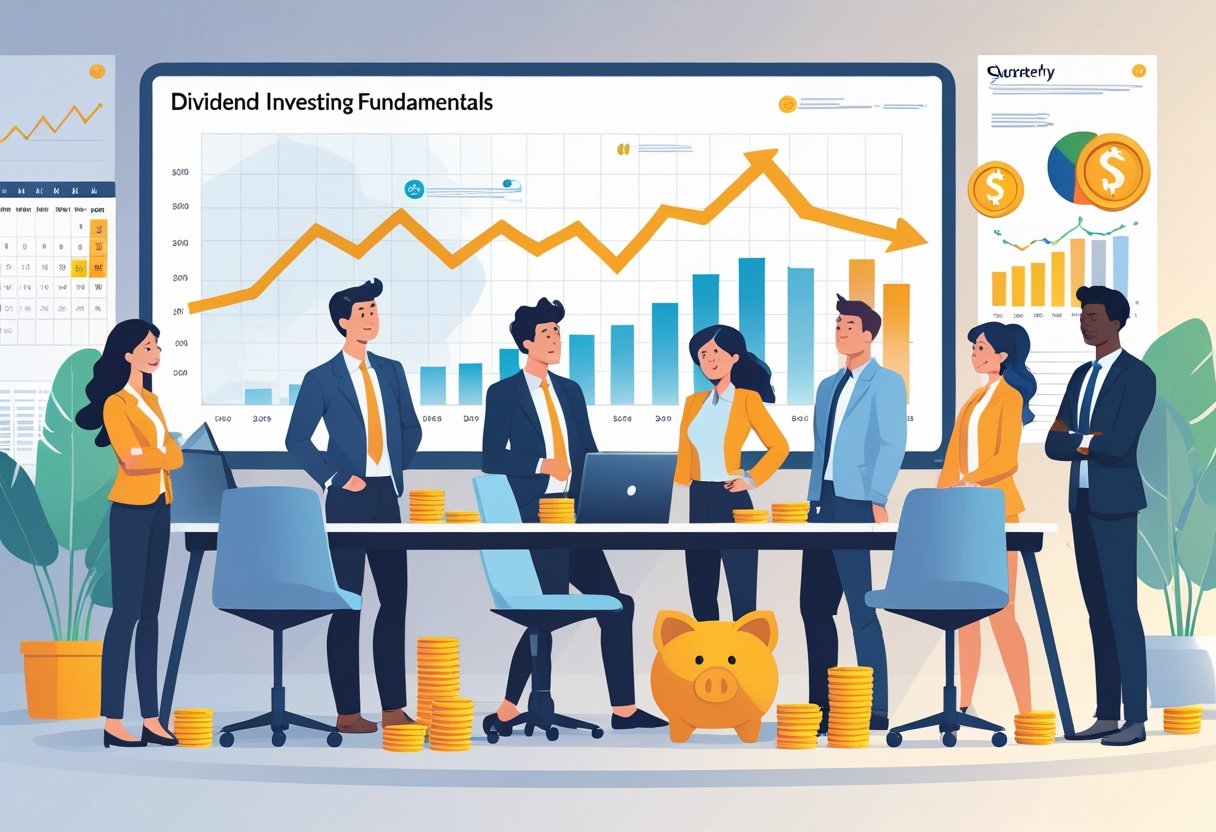 A group of beginner investors reviewing financial charts showing dividend growth and income, with coins and investment symbols on a table in a bright office setting.