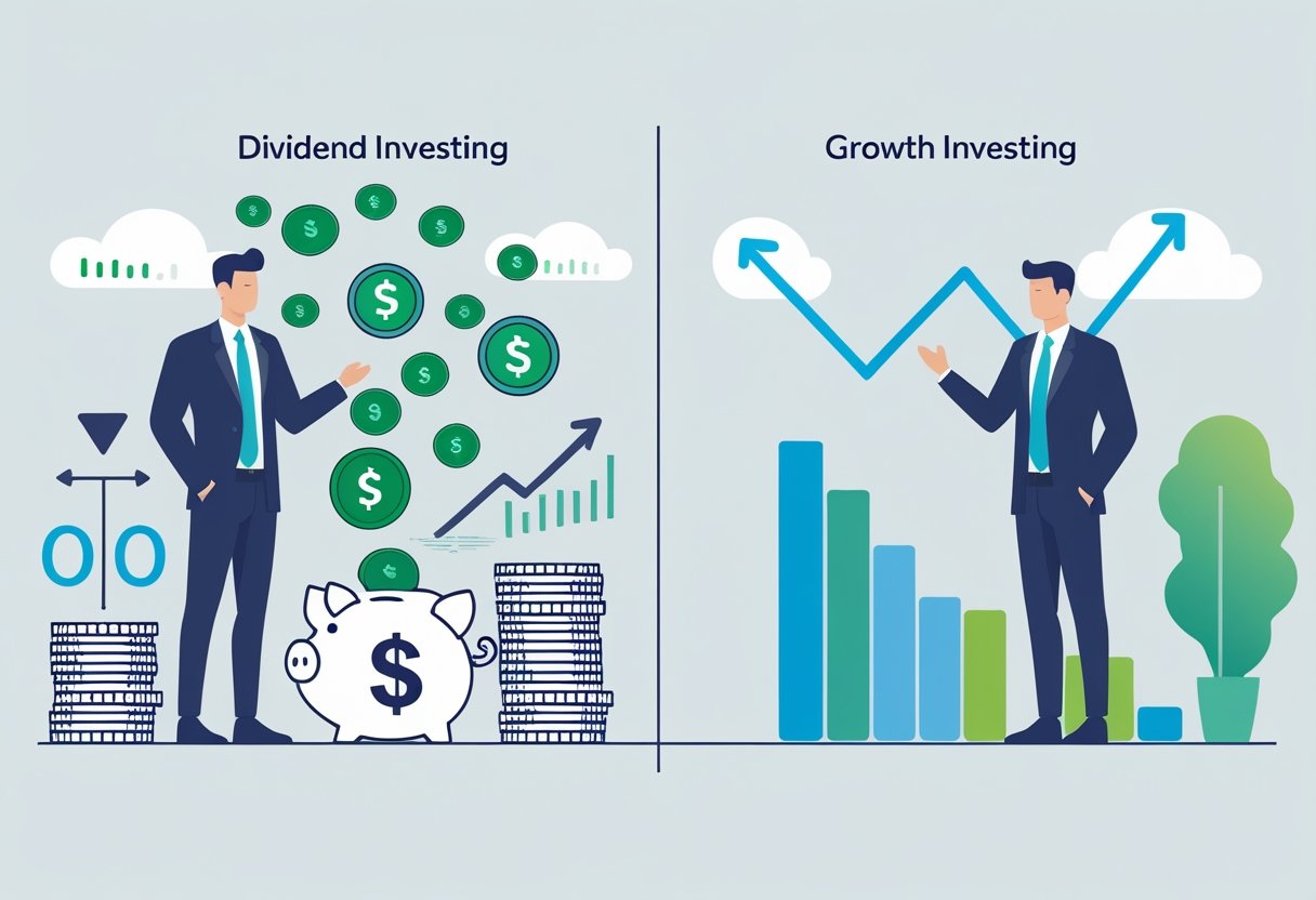 An investor comparing dividend investing with steady cash flow and growth investing with rising stock value, shown side by side with financial symbols and charts.