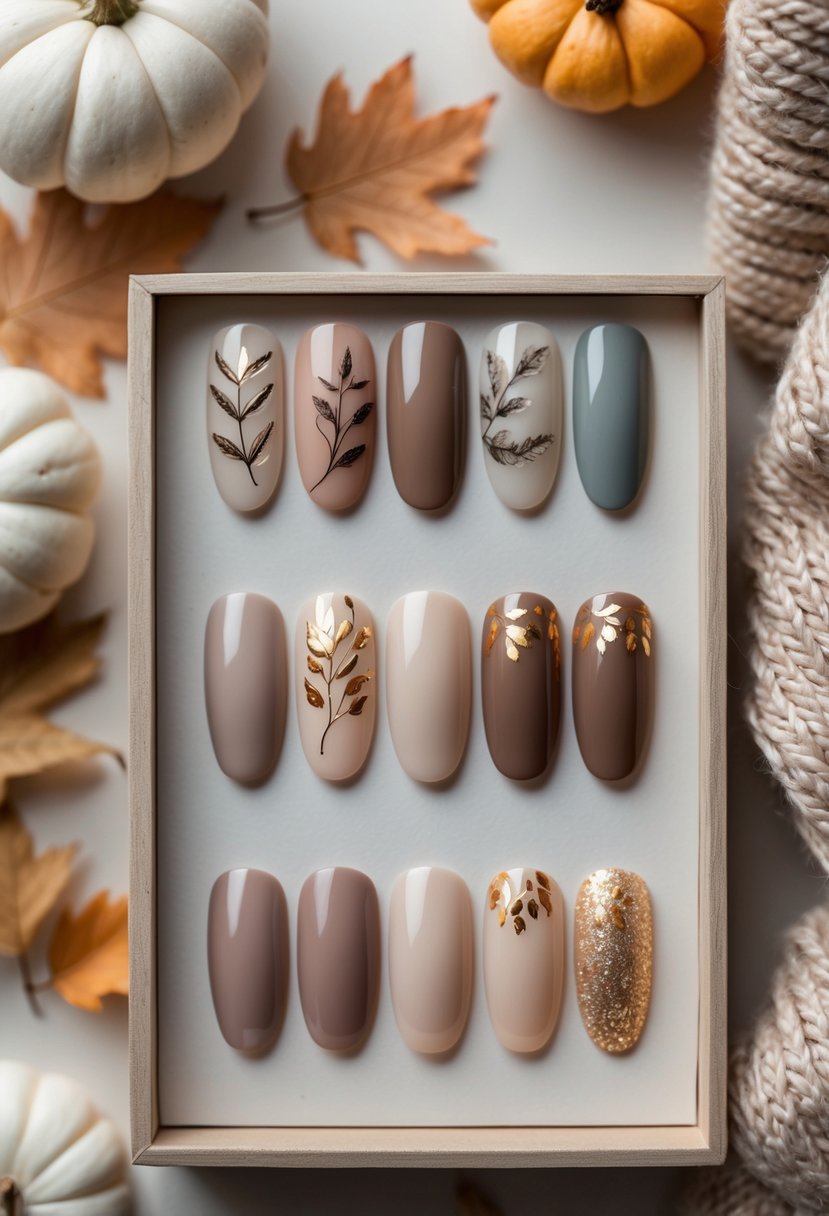 Ten different neutral-colored fall nail designs arranged on a wooden surface with subtle autumn decorations in the background.