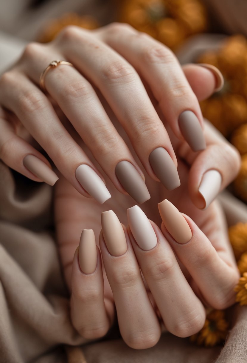 Close-up of a woman's hands showing ten different soft beige matte finish nails in neutral fall colors.