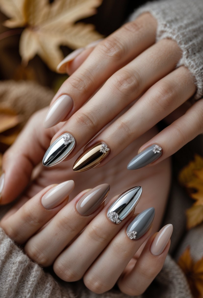 Close-up of hands with almond-shaped nails featuring neutral fall colors and chrome accents.