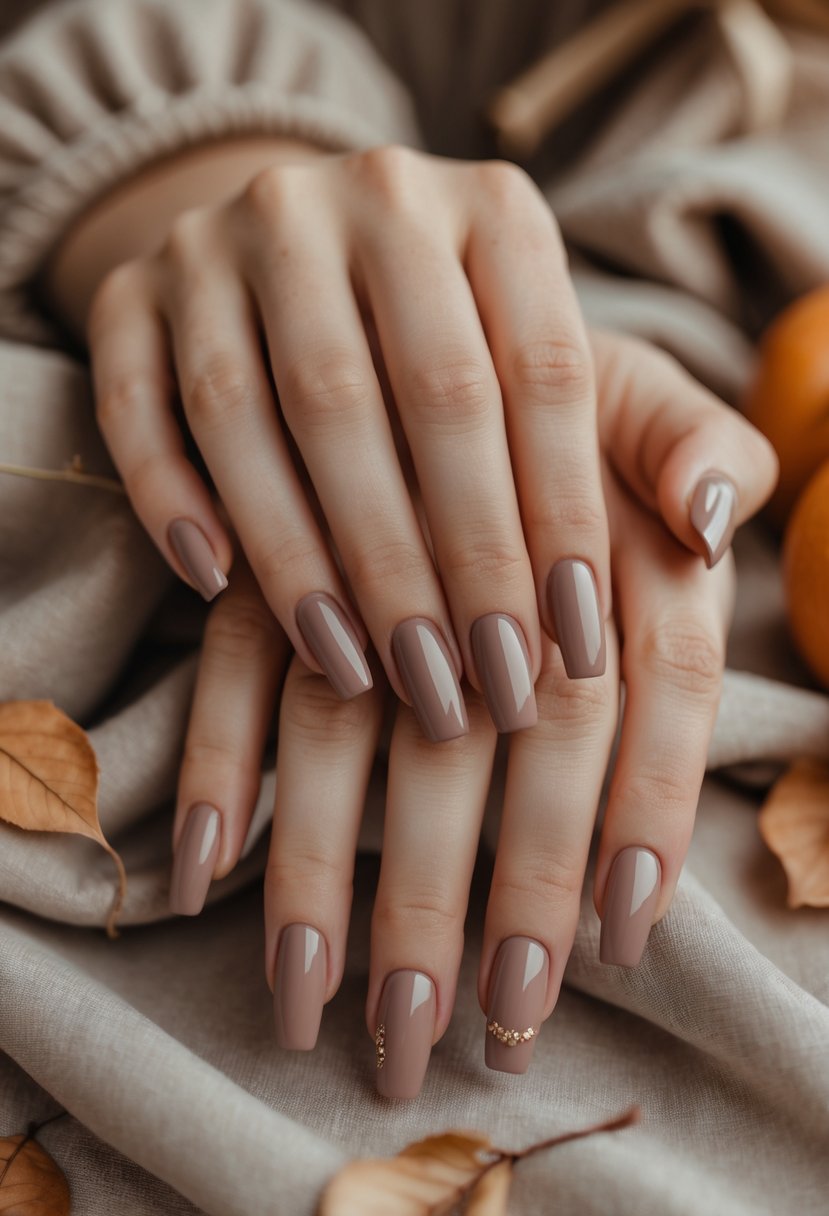 Close-up of hands with short acrylic nails painted in warm taupe, posed against a soft autumn-themed background.
