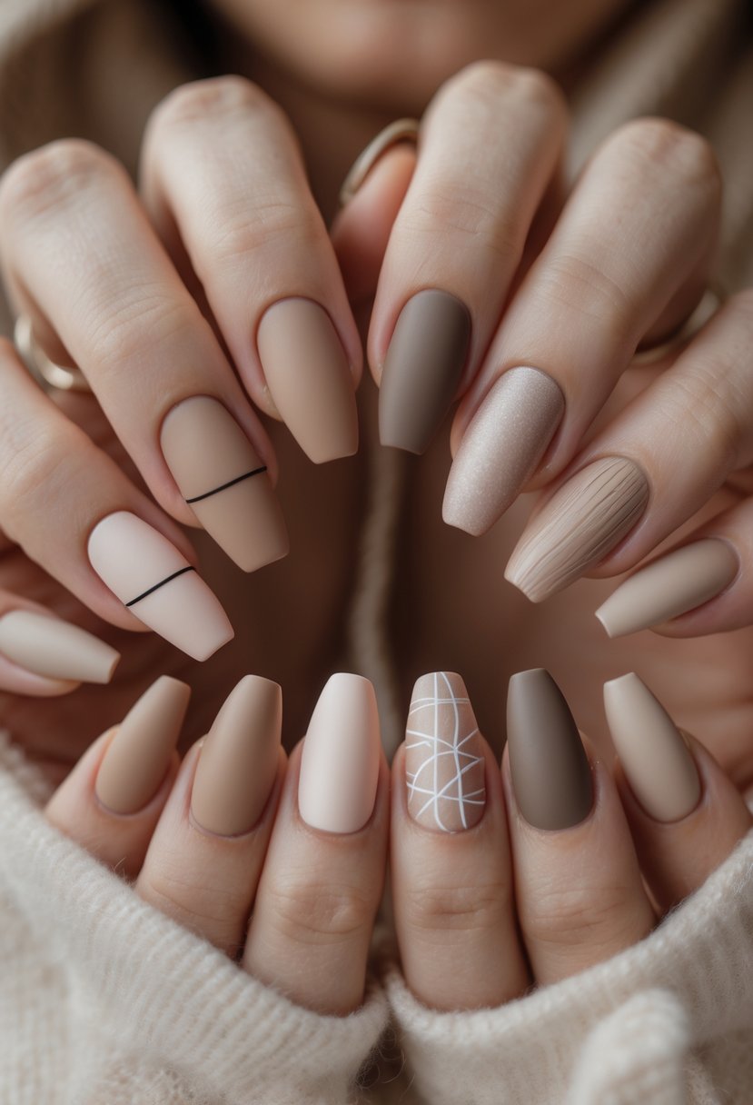 Close-up of hands displaying ten different neutral-colored fall nail designs with simple negative space patterns.
