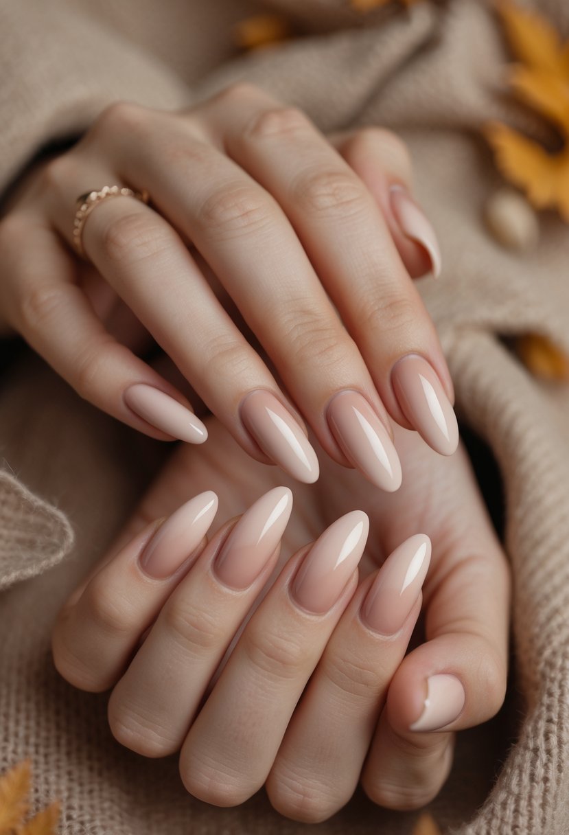Close-up of hands with neutral blush ombré nails surrounded by autumn leaves and soft fabrics.