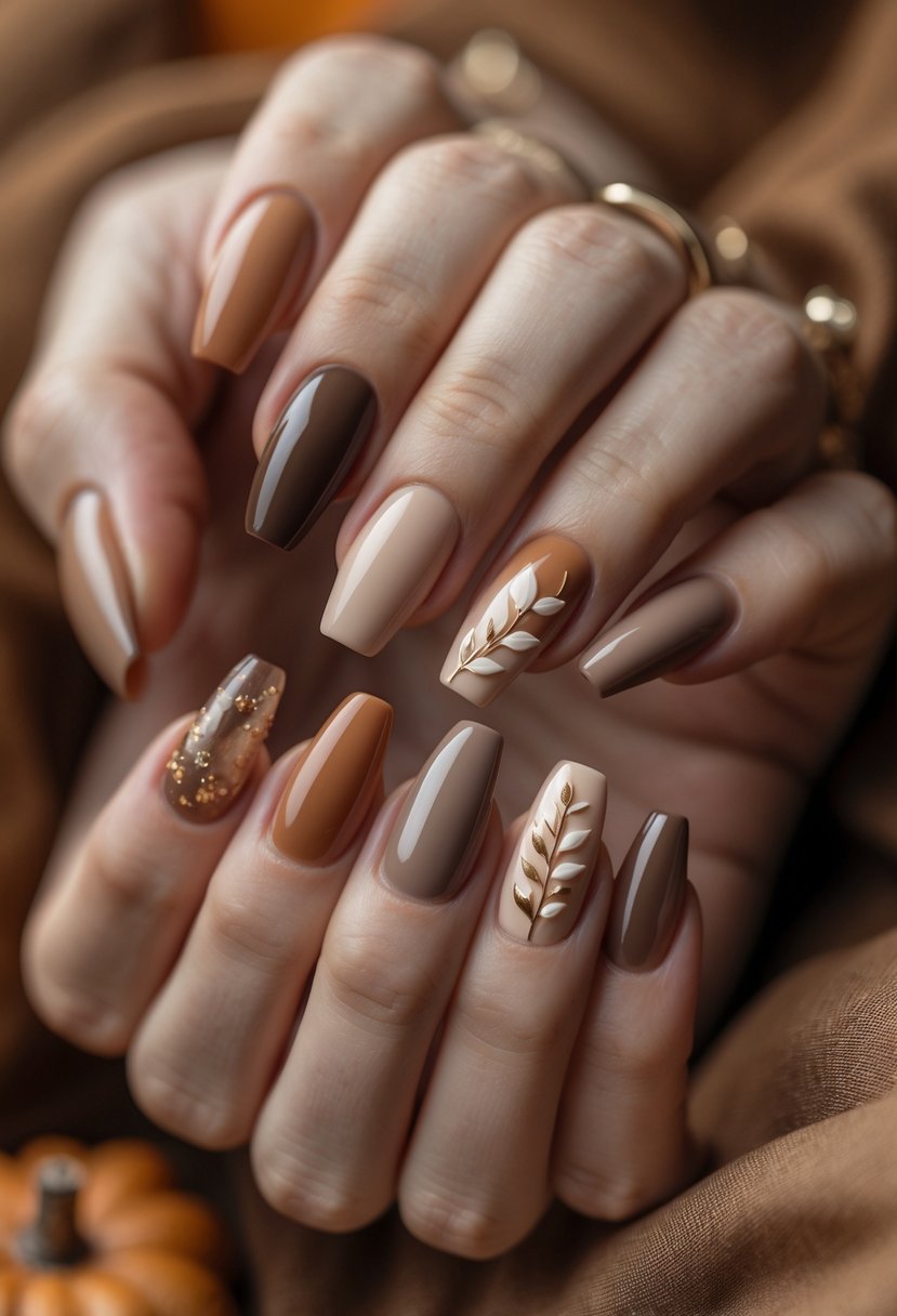Close-up of hands with glossy soft brown coffin-shaped nails featuring ten different neutral fall nail designs.