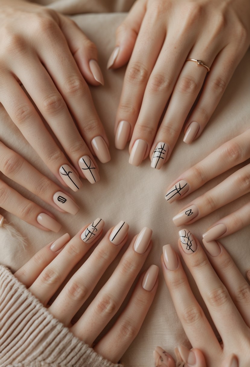 Ten hands with beige nails featuring simple line art designs arranged against a warm background.
