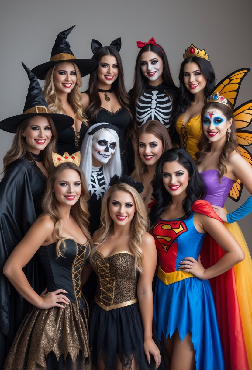 Ten women standing together wearing different Halloween costumes including a witch, vampire, black cat, fairy, skeleton, pirate, zombie, superhero, princess, and clown.