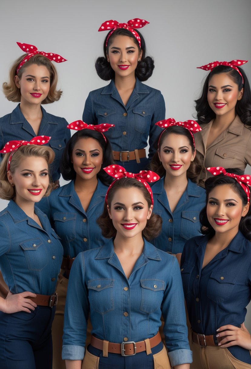 Ten women dressed in Rosie the Riveter costumes posing confidently together.