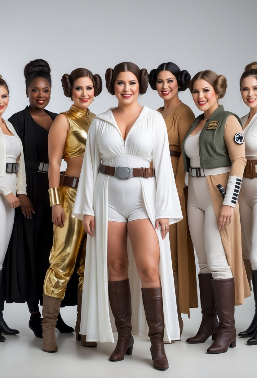 Ten women wearing different Princess Leia Halloween costumes standing together against a plain background.
