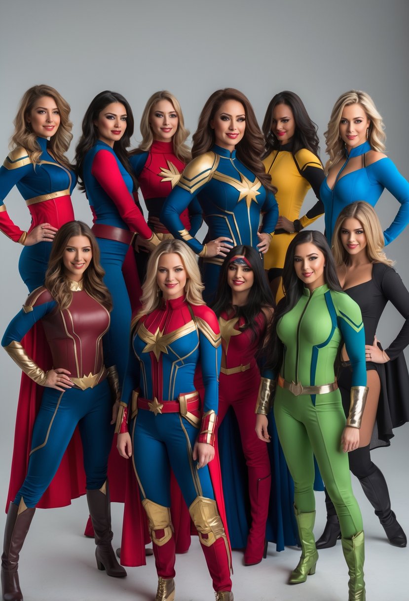 Ten women standing together wearing different Marvel superhero costumes, posing confidently in a studio setting.