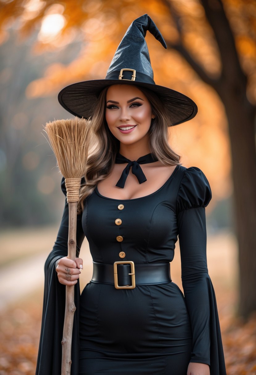 A woman wearing a classic black witch costume with a pointed hat, holding a broomstick outdoors with autumn colors in the background.