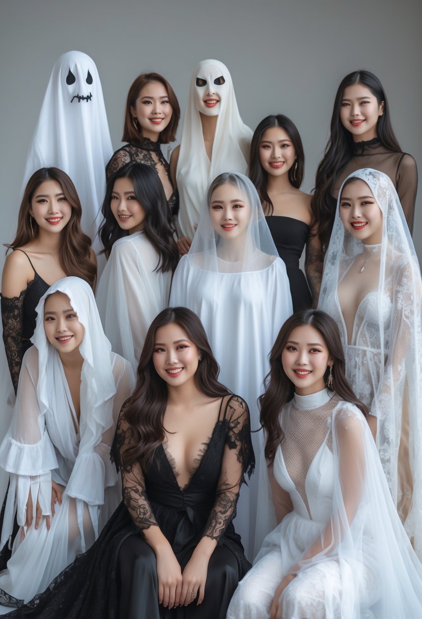 Ten women wearing different ghost costumes posed together in a studio setting.